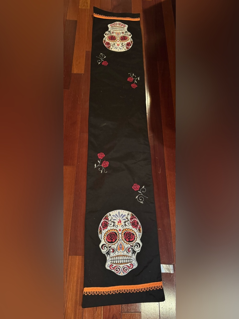 Decorative Black Table Runner with Sugar Skull Design